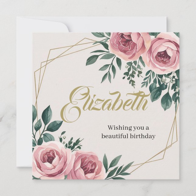 Cartão De Festividades Design com flores a aquarela e acentos de ouro (Frente)