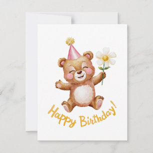 Cartão De Festividades Design de Aniversário do Urso Bonito com Chapéu do