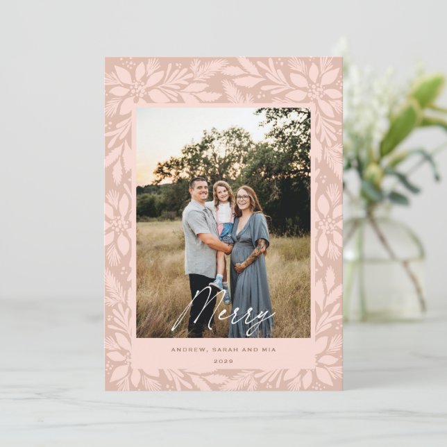 Cartão De Festividades Design de Natal de Cream Poinsettia (Em pé/Frente)