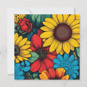 Cartão De Festividades Design Floral de Arte Pop Vibrante com Girassóis