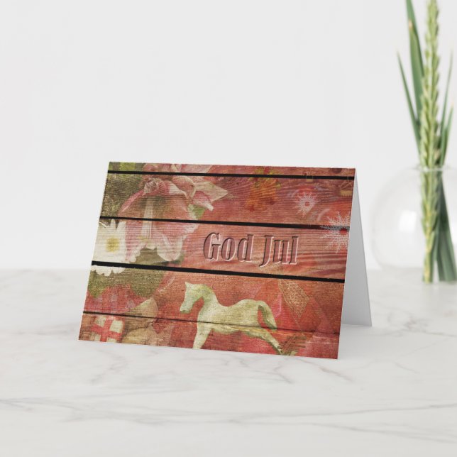 Cartão De Festividades Deus sueco Jul no Conselho de Natal do Wooden (Frente)