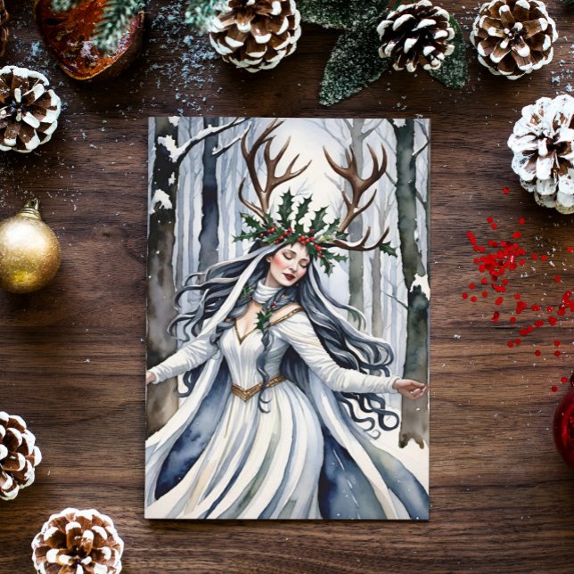 Cartão De Festividades Deusa Solstício Inverno na Floresta (Winter Solstice Yule Goddess in a snowy forest)