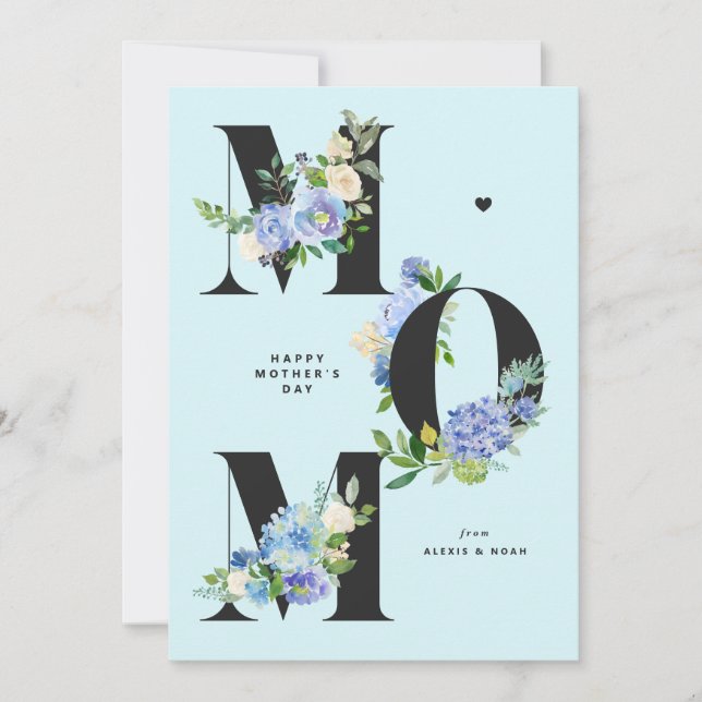 Cartão De Festividades DIA DE AS MÃES Feliz Floral de Hydrangeas Azul MOM (Frente)
