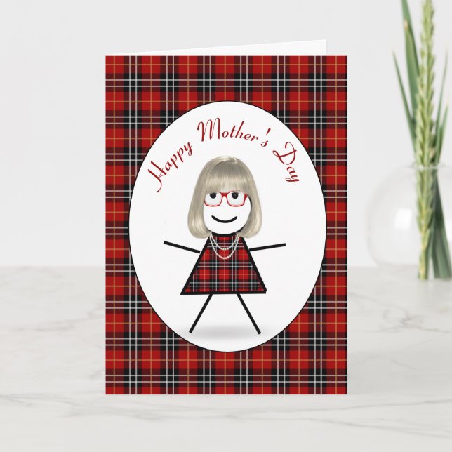 Cartão De Festividades Dia de as mães Stick Girl na Xadrez Tartan (Frente)