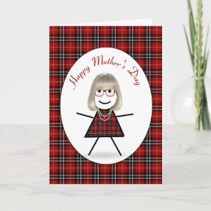 Cartão De Festividades Dia de as mães Stick Girl na Xadrez Tartan