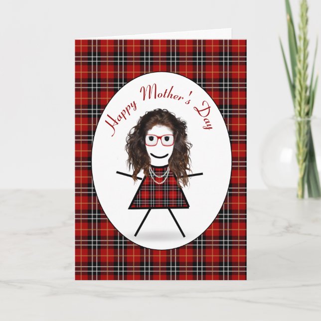 Cartão De Festividades Dia de as mães Stick Girl Na Xadrez Tartan (Frente)