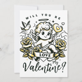 Cartão De Festividades Dia de os namorados-cupido com rosas amarelas e po