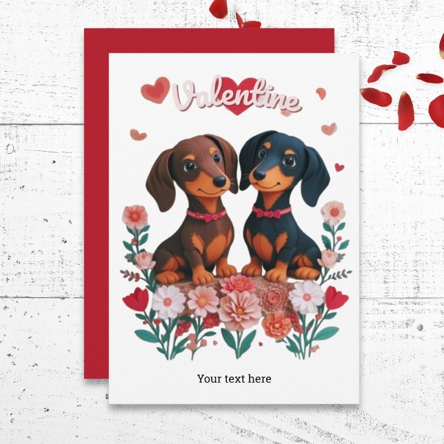 Cartão De Festividades Dia de os namorados de Cães de Enchimento (A cute Valentine's Day card, featuring two adorable dachshunds, with hearts, flowers and custom text)