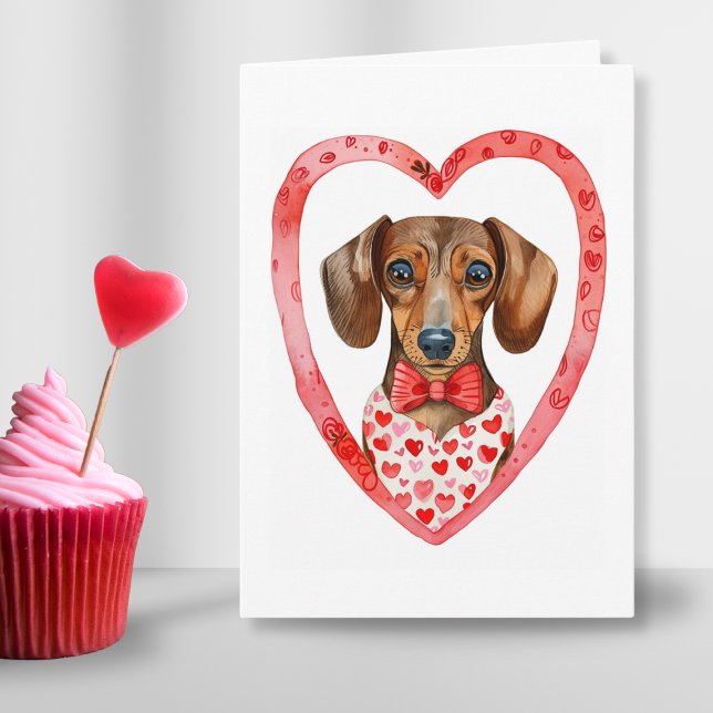 Cartão De Festividades Dia de os namorados de linguiça Personalizado (Sausauge dog heart frame Valentines day watercolor folded card for cute dog bowtie fun sweet design)