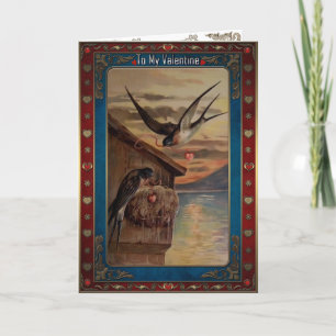 Cartão De Festividades Dia de os namorados. Engole com corações em fitas.