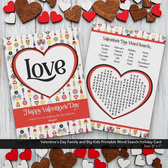Cartão De Festividades Dia de os namorados Family Kids Imintable Word Sea (Valentine's Day Family and Big Kids Word Search Card–Printable Holiday Activity)