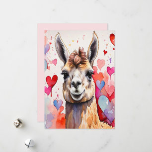 Cartão De Festividades Dia de os namorados Llama Watercolor Corações com
