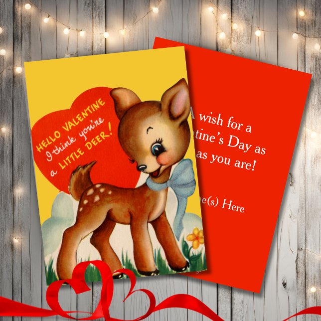 Cartão De Festividades Dia de os namorados Personalizado De Pequenos Vead (Retro Vintage Little Deer Custom Valentine's Day Holiday Card. Add your name and a special message!)