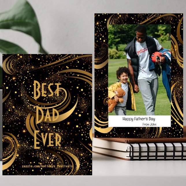 Cartão De Festividades Dia de os pais Feliz Foto Dourada Leafy Swirls Mod (Happy Father's Day Photo Gold Leafy Swirls Modern Holiday Card)