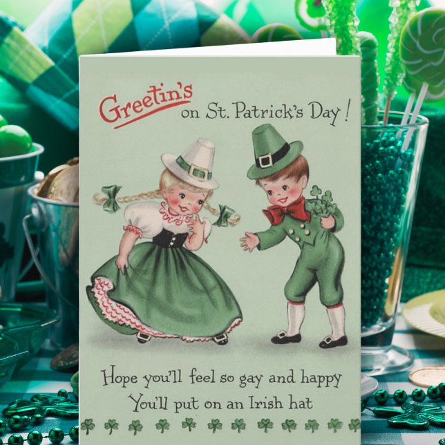 Cartão De Festividades Dia de São Patrício Personalizado De Lad E Lass Da (Retro Vintage Lad & Lass Custom St Patrick's Day Holiday Card)