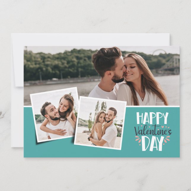 Cartão De Festividades Dia dos Namorados 3 fotos colagem verde marinho (Frente)