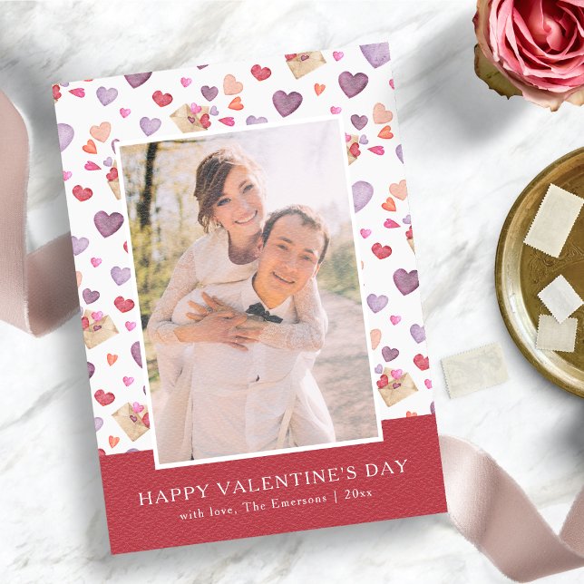 Cartão De Festividades Dia dos Namorados Colorido (Watercolor Hearts Happy Valentine's Day Photo Card)