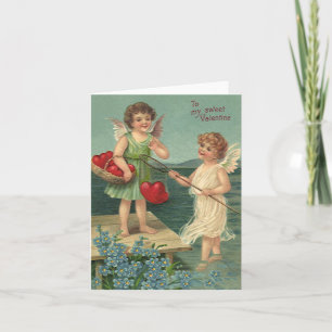 Cartão De Festividades Dia dos Namorados Vintage, Anjos Pescando Corações