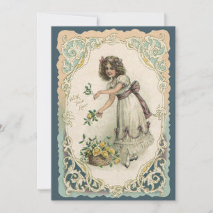 Cartão De Festividades Dia dos Namorados Vintage, Menina Vitoriana com Ro