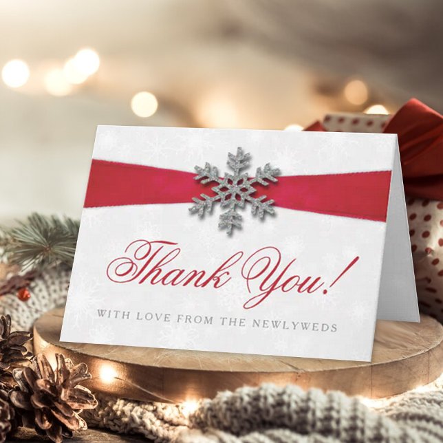 Cartão De Festividades Diamante Snowflake e Casamento no inverno Red Ribb (Criador carregado)