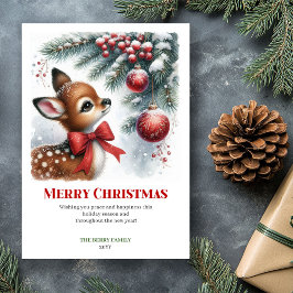 Cartão De Festividades Digital Baby Deer Snowy Forest Watercolor Christma