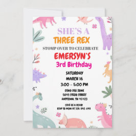 Cartão De Festividades Dinosaur Birthday Invitation Girls Cute Three-Rex 