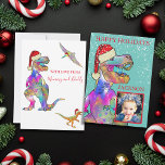 Cartão De Festividades Dinossauro de Natal T-Rex vestindo uma foto de cha<br><div class="desc">É hora de um Natal pré-histórico, colorido e divertido, com este T rex engraçado em um chapéu de Papai Noel e o slogan "Feliz Feriados" junto com o nome e a foto de uma criança para personalizar este divertido Cartão de dinossauro de Natal. É melhor ter certeza de que você...</div>