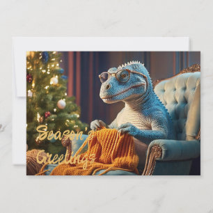 Cartão De Festividades Dinossauro tricotando Feliz Natal