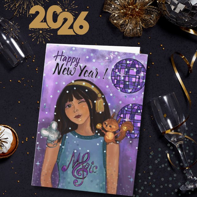 Cartão De Festividades Disco Diva Whimsical Music Girls Happy New Year  (Disco Diva Whimsical Music Girls Happy New Year Holiday Card)