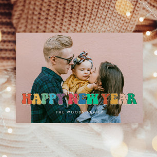 Cartão De Festividades Diversão colorido vintage script Feliz Ano Novo fo