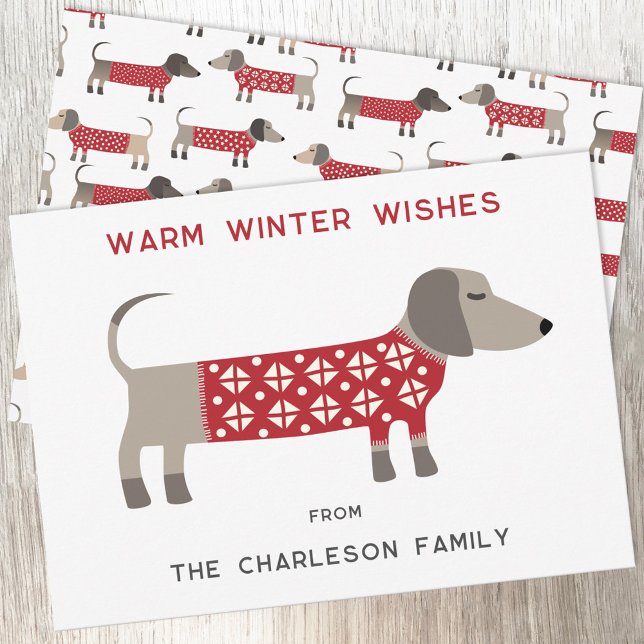 Cartão De Festividades Diversão com cães Dachshund  (Dachshund Sausage or Wiener Dog in red and white cosy knitwear for a fun Christmas holiday card)