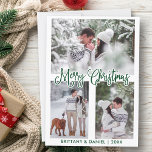 Cartão De Festividades Diversão da Caligrafia Verde 3 Fotografia Casal Na<br><div class="desc">Moderno Diversão de Caligrafia Script Feliz Cartão com fotos de Natal - 3 Fotografias - Script Verde</div>