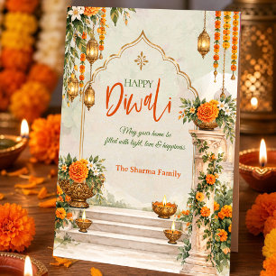 Cartão De Festividades Diwali Feliz Personalizado Diya de Marigold em Aqu