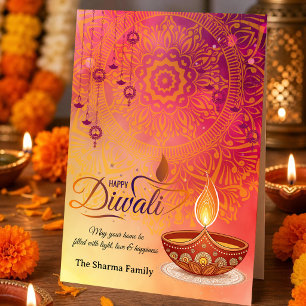 Cartão De Festividades Diwali Feliz Personalizado Família Festival de Luz