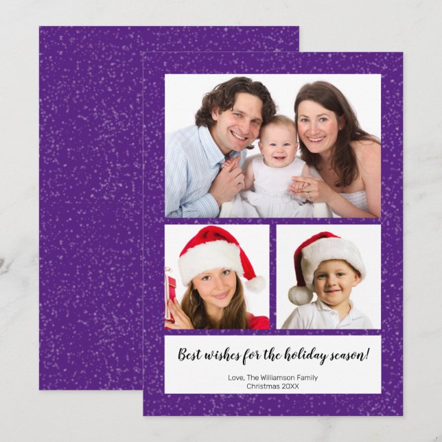 Cartão De Festividades DIY 3 Photo Collage Name Year Script Snowy Purple (Frente/Verso)