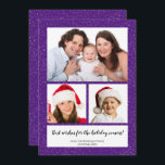 Cartão De Festividades DIY 3 Photo Collage Name Year Script Snowy Purple<br><div class="desc">Envie cartões de natal com este cartão de Natal com uma colagem de três fotos, com um fundo roxo de neve escondido. Personalize as 3 fotos carregando suas próprias fotos de sua família, amigos ou animais de estimação. O texto do roteiro diz melhores votos para o feriado! Personalize o texto...</div>