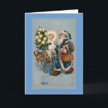 Cartão De Festividades Do "cartão de Natal francês vintage "<br><div class="desc">Projetado por Susan Epps Oliver. Imagem do vintage da equitação nova de Jesus em um asno e em uma terra arrendada uma árvore de Natal pequena brilhantemente iluminada. Papai Noel anda pelo seu lateral conduzindo o asno e levando uma cesta de maçãs vermelhas brilhantes e um saco grande de brinquedos....</div>