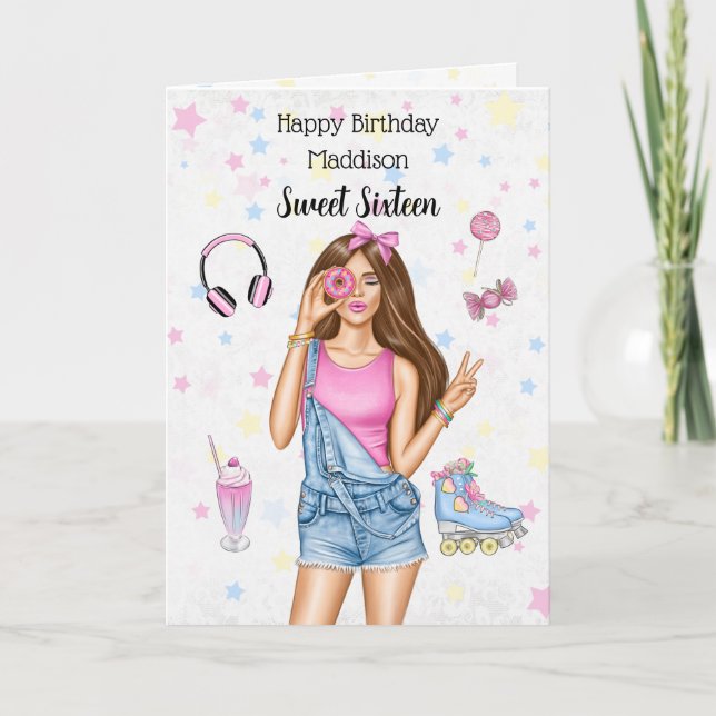 Cartão De Festividades Doce 16 Brunette Roller Girl Happy Birthday Card (Frente)