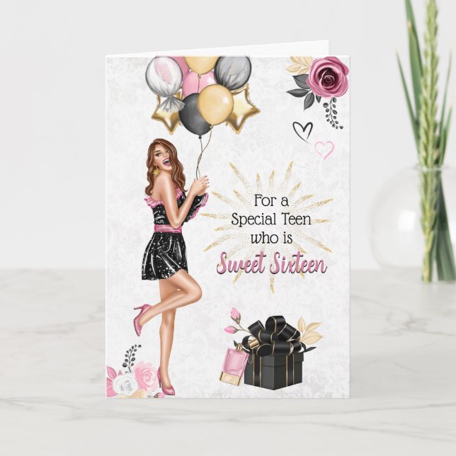 Cartão De Festividades Doce Dezesseis Brunette Girl Happy Birthday Card (Frente)