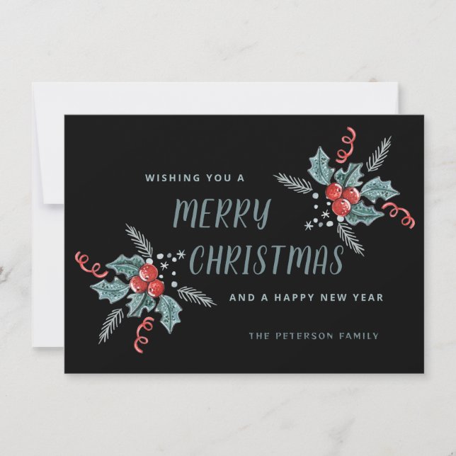 Cartão De Festividades Doce Holly Berry Natal Não Foto Preto (Frente)
