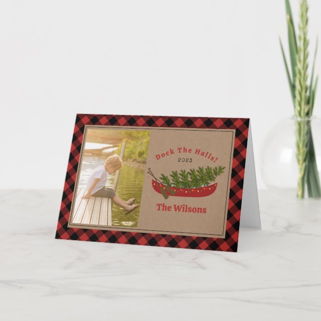 Cartão De Festividades Dock The Halls Canoa de Natal em Xadrez Foto (Frente)