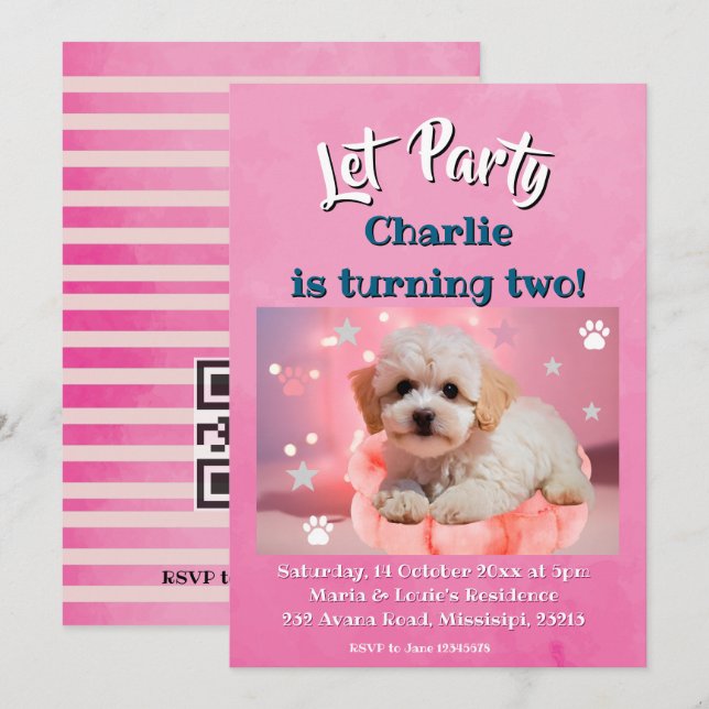 Cartão De Festividades Dog Let's Party Birthday  (Frente/Verso)