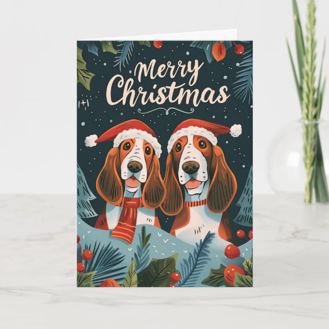 Cartão De Festividades Dois Basset Hound Felry Natal Personalizado (Frente)