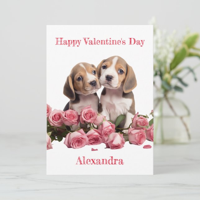 Cartão De Festividades Dois Beagles Personalizados com Namorados Rosa Ros (Em pé/Frente)