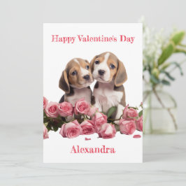 Cartão De Festividades Dois Beagles Personalizados com Namorados Rosa Ros