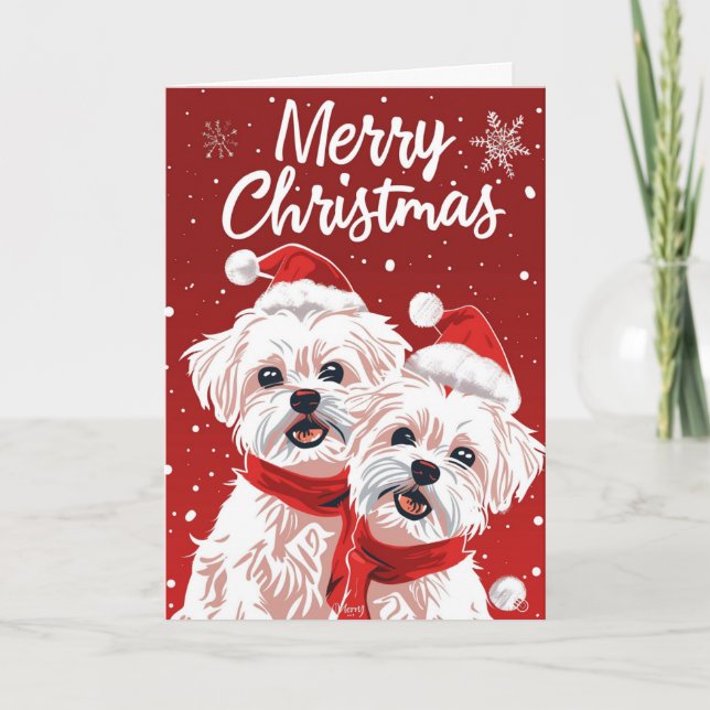Cartão De Festividades Dois Bichon Frise Feliz Natal Personalizado (Frente)