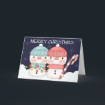 Cartão De Festividades Dois Bons Casais de Neve<br><div class="desc">Cartão de Natal com bonitos bonitos bonitos bonitos bonitinhos em chapéus vagos com canas doces e luzes sobre um fundo temático estelar.. Cartões de Natal de Ricaso Trabalho de arte ©Lisa Craig (Primsy Doodle / digiwebstudio.com)</div>