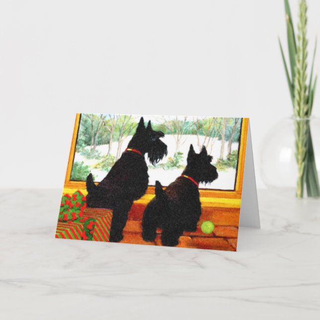 Cartão De Festividades Dois cães do Scottie que esperam Papai Noel (Frente)