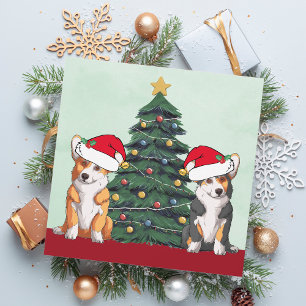 Cartão De Festividades Dois Corgi Árvore de Natal Cachorro Chapéu de Papa