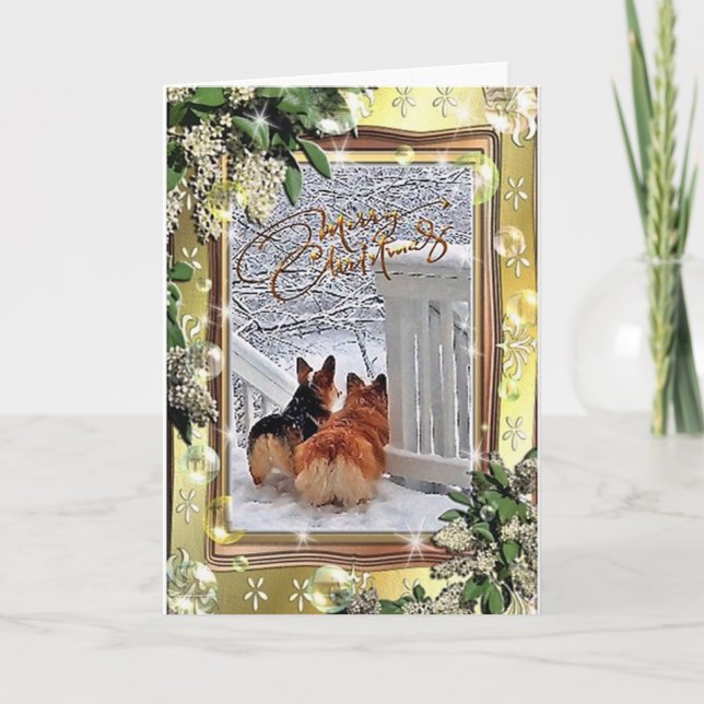 Cartão De Festividades Dois Corgis na neve com quadro (Frente)